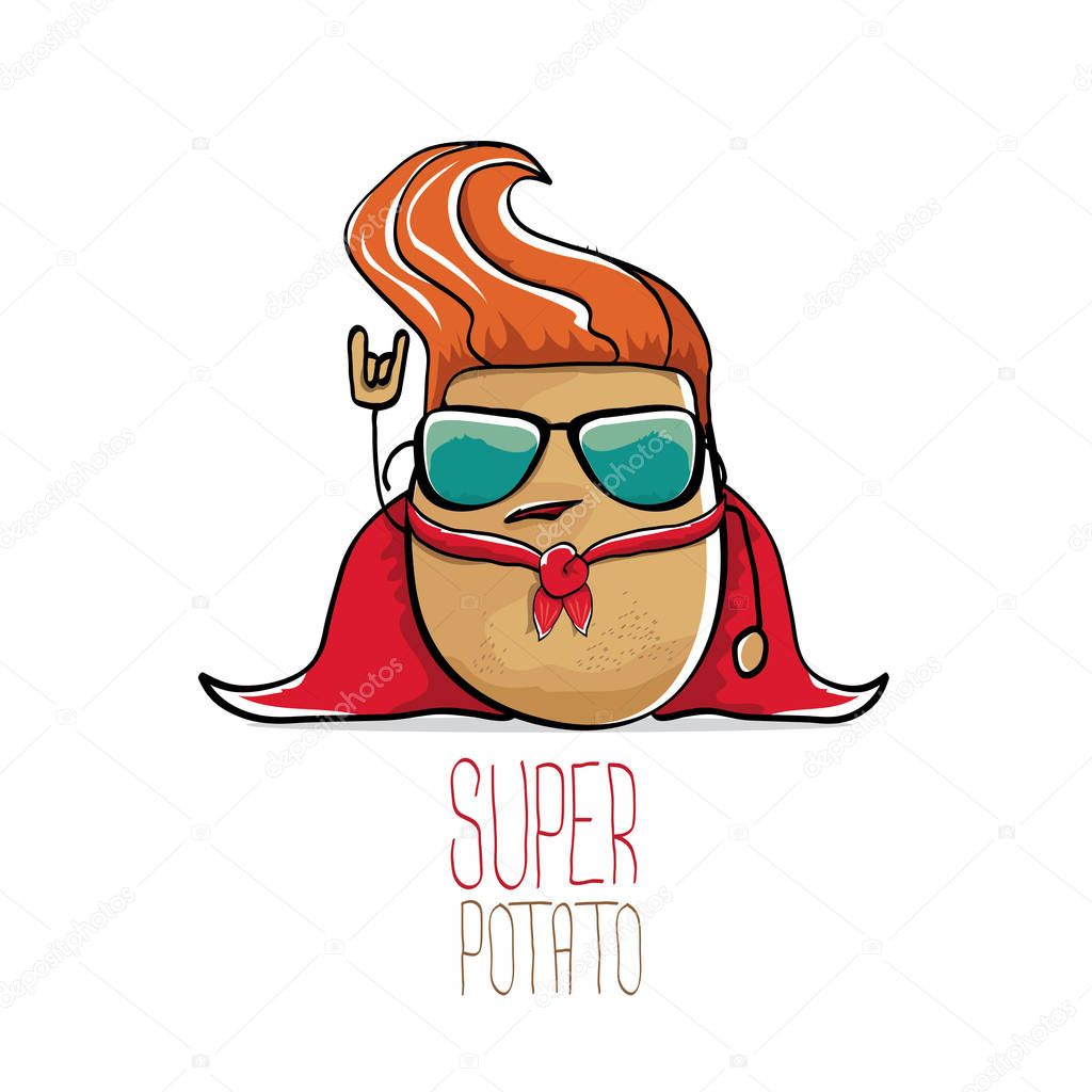 Vector funny cartoon cute brown super hero potato with red hero cape isolated on white background. My name is potato vector concept. super vegetable funky character