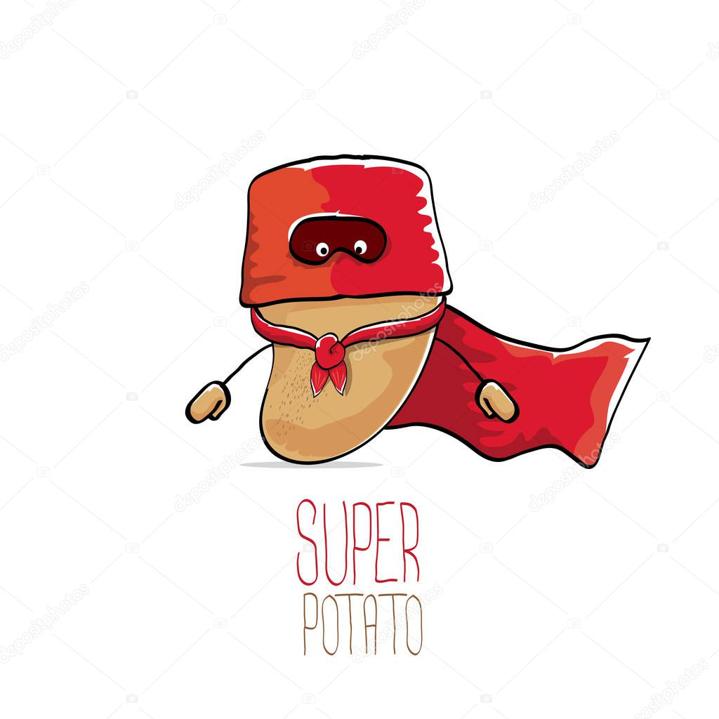 Vector funny cartoon cute brown super hero potato with red hero cape isolated on white background. My name is potato vector concept. super vegetable funky character