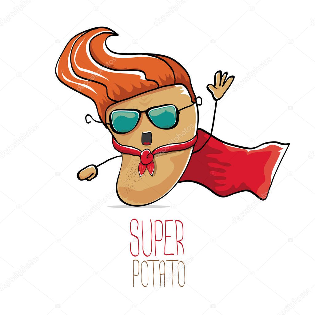 Vector funny cartoon cute brown super hero potato with red hero cape isolated on white background. My name is potato vector concept. super vegetable funky character