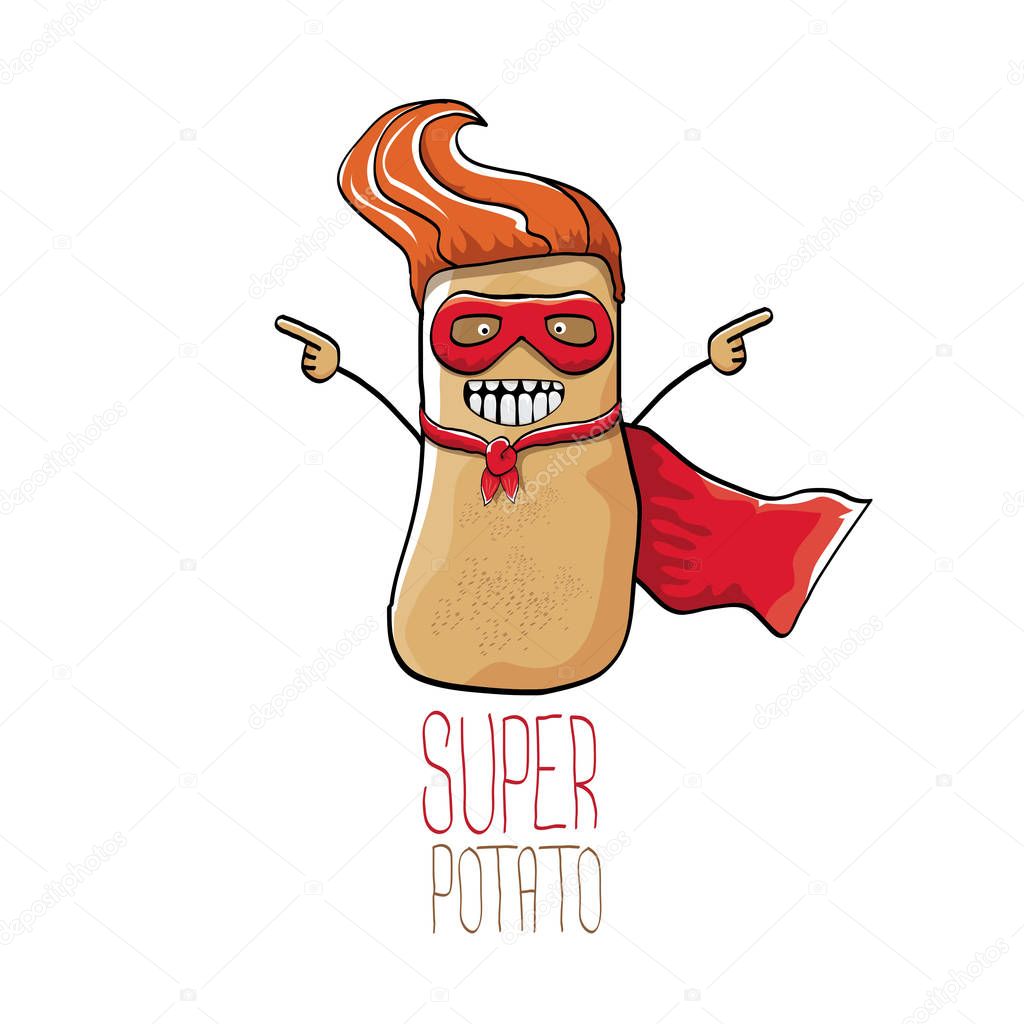 Vector funny cartoon cute brown super hero potato with red hero cape isolated on white background. My name is potato vector concept. super vegetable funky character