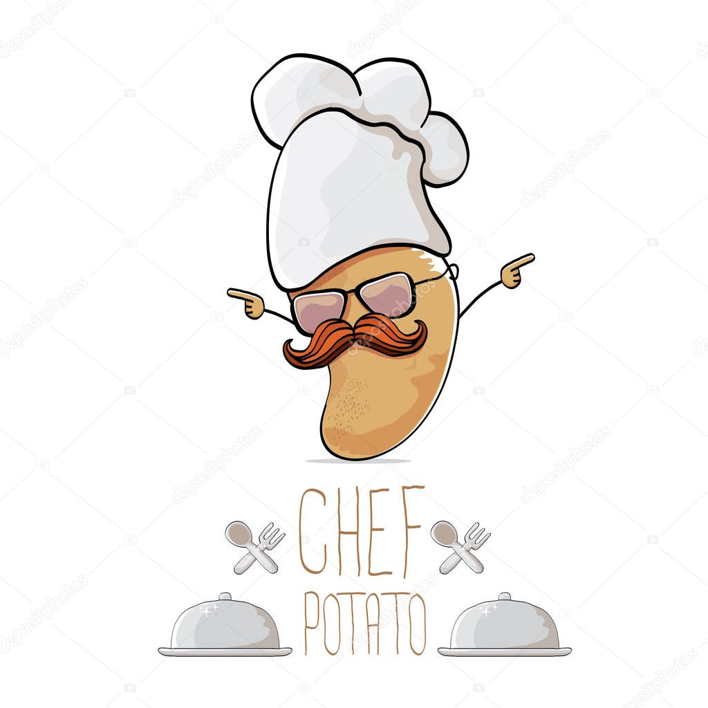 Vector funny cartoon cute brown chef potato isolated on white background. My name is potato vector concept. vegetable funky character with chef hat