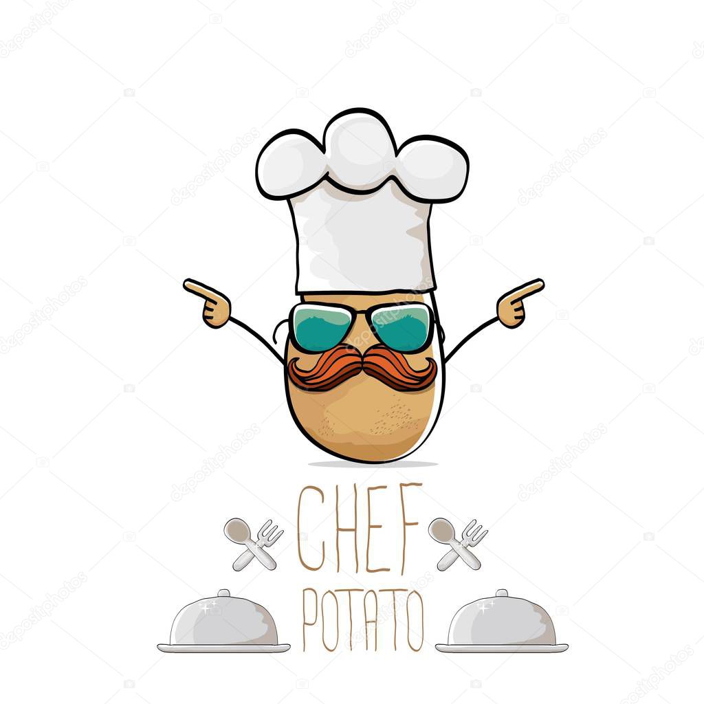 Vector funny cartoon cute brown chef potato isolated on white background. My name is potato vector concept. vegetable funky character with chef hat