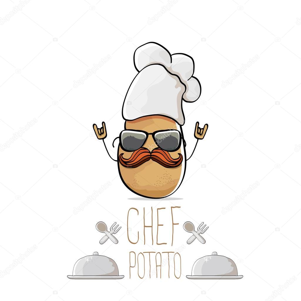 Vector funny cartoon cute brown chef potato isolated on white background. My name is potato vector concept. vegetable funky character with chef hat
