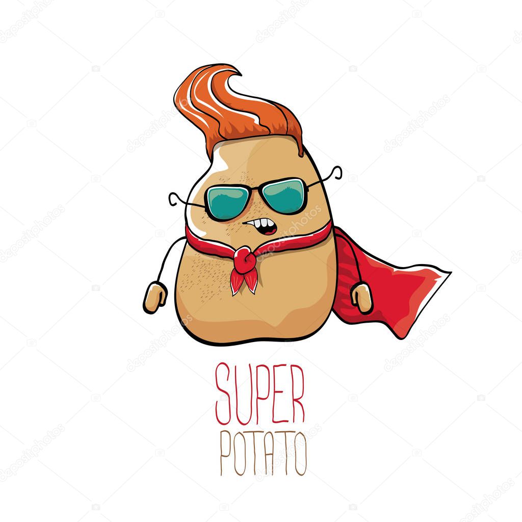 Vector funny cartoon cute brown super hero potato with red hero cape isolated on white background. My name is potato vector concept. super vegetable funky character