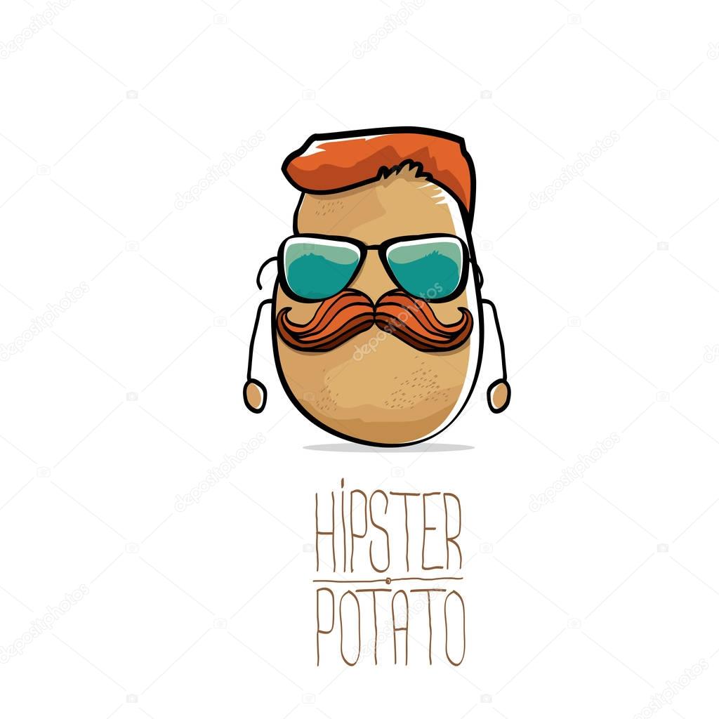 Vector funny cartoon cute brown hipster potato isolated on white background. My name is potato vector concept. vegetable funky character