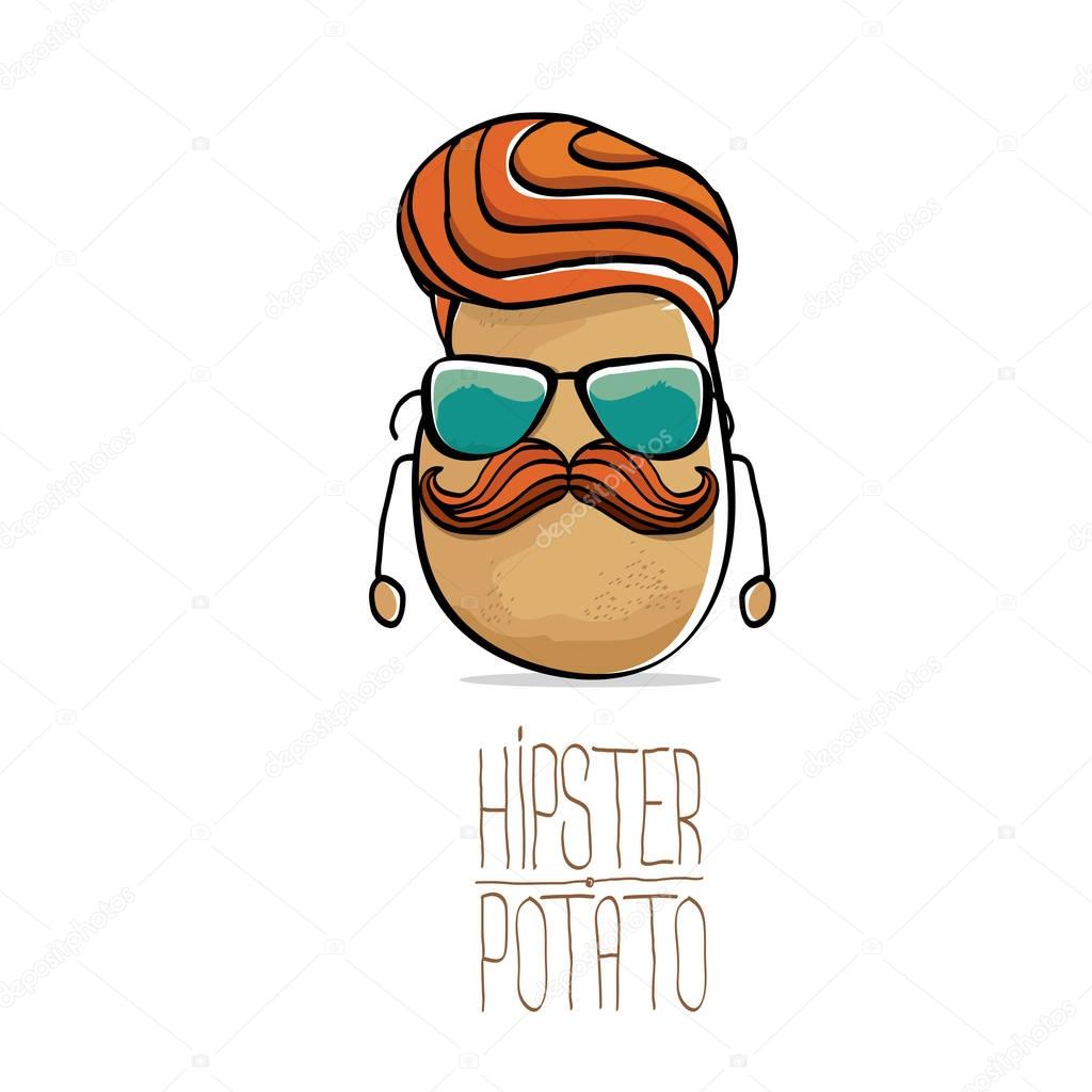 Vector funny cartoon cute brown hipster potato isolated on white background. My name is potato vector concept. vegetable funky character