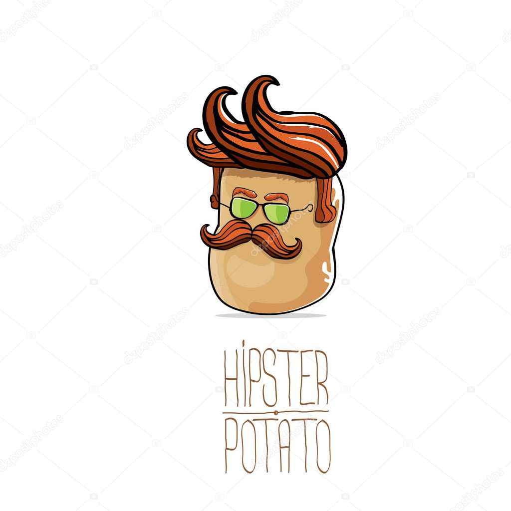 Vector funny cartoon cute brown hipster potato isolated on white background. My name is potato vector concept. vegetable funky character