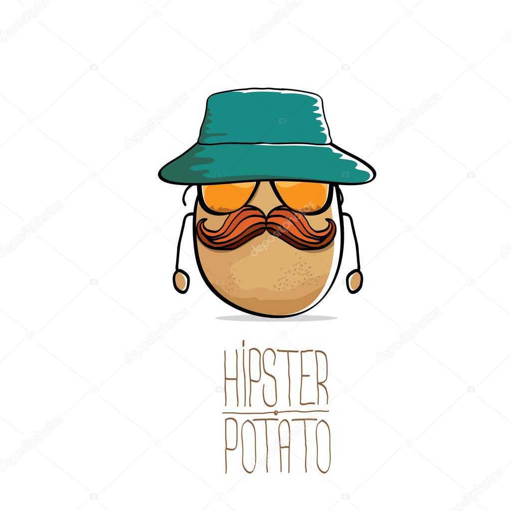 Vector funny cartoon cute brown hipster potato isolated on white background. My name is potato vector concept. vegetable funky character