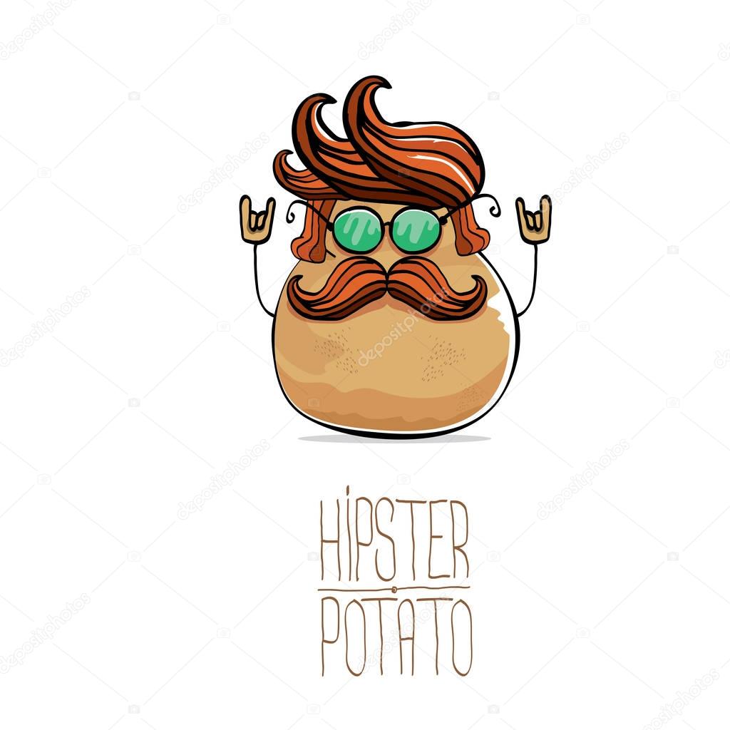 Vector funny cartoon cute brown hipster potato isolated on white background. My name is potato vector concept. vegetable funky character