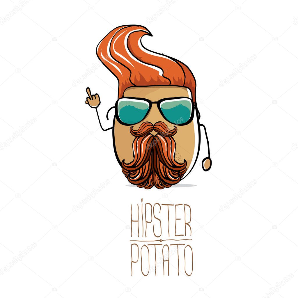 Vector funny cartoon cute brown hipster potato isolated on white background. My name is potato vector concept. vegetable funky character