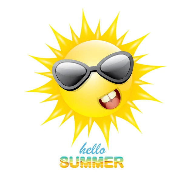 Vector hola etiqueta de verano con sol brillante sonriente — Vector de stock