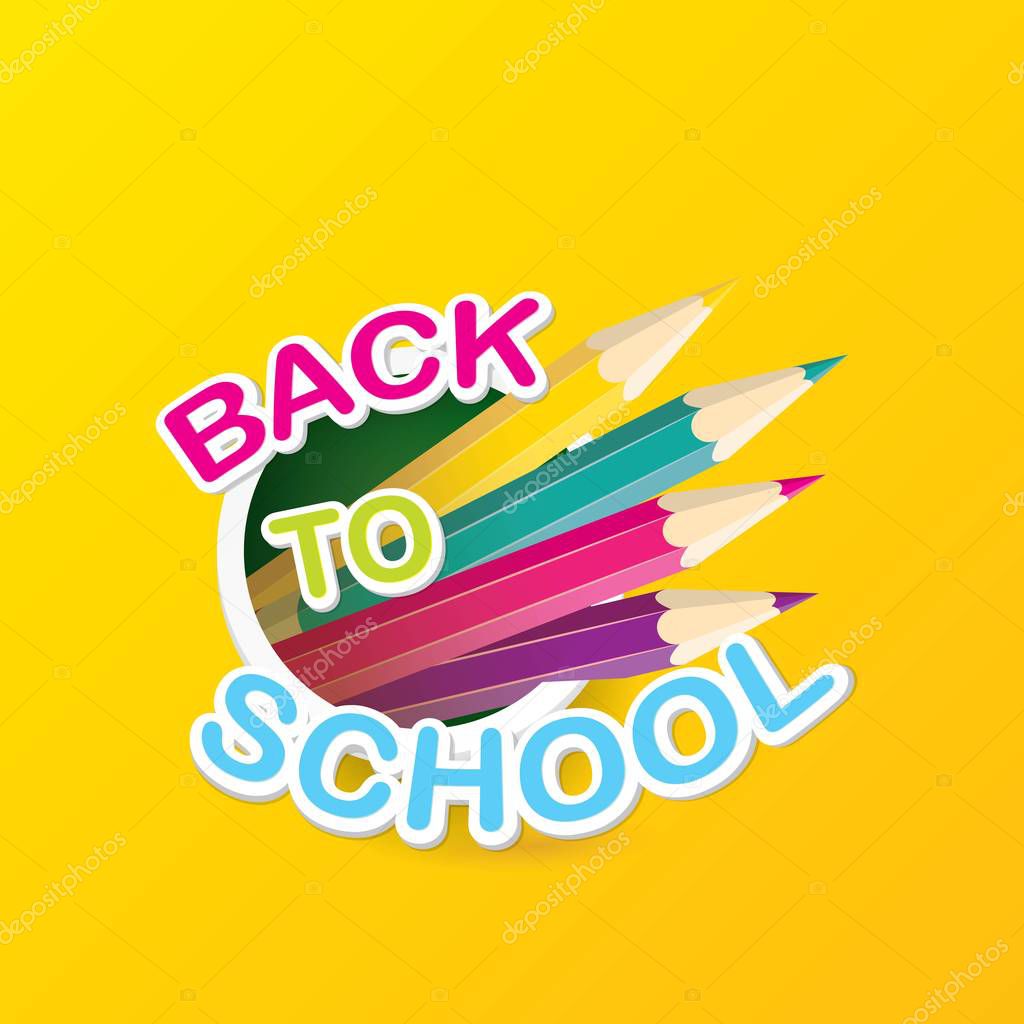 Back to school vector label with text and color pencil isolated on orange background. back to school vector concept icon illustration.