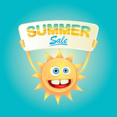 vektör yaz mutlu güneş satışı teklif işareti tutarak