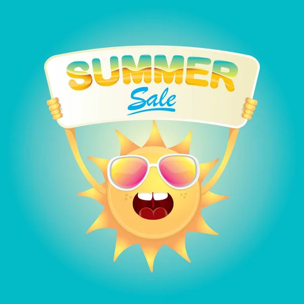 Wektor lato szczęśliwy słońce trzyma znak oferta sprzedaży — Wektor stockowy