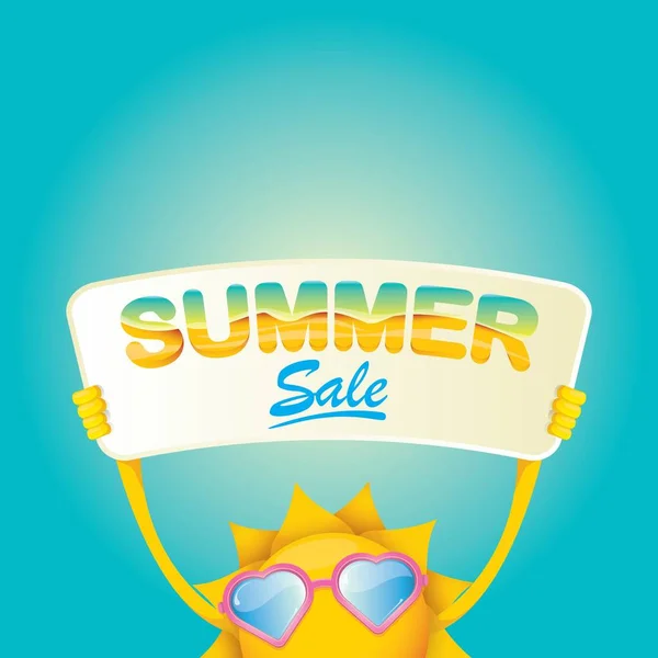 Vector summer happy sun holding sale offer sign — Stock Vector