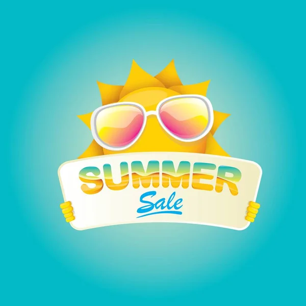 Vector summer happy sun holding sale offer sign — Stock Vector