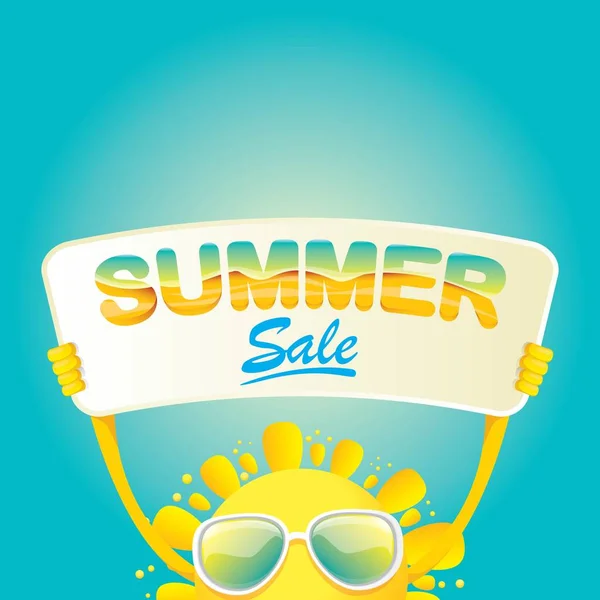 Vector summer happy sun holding sale offer sign — Stock Vector