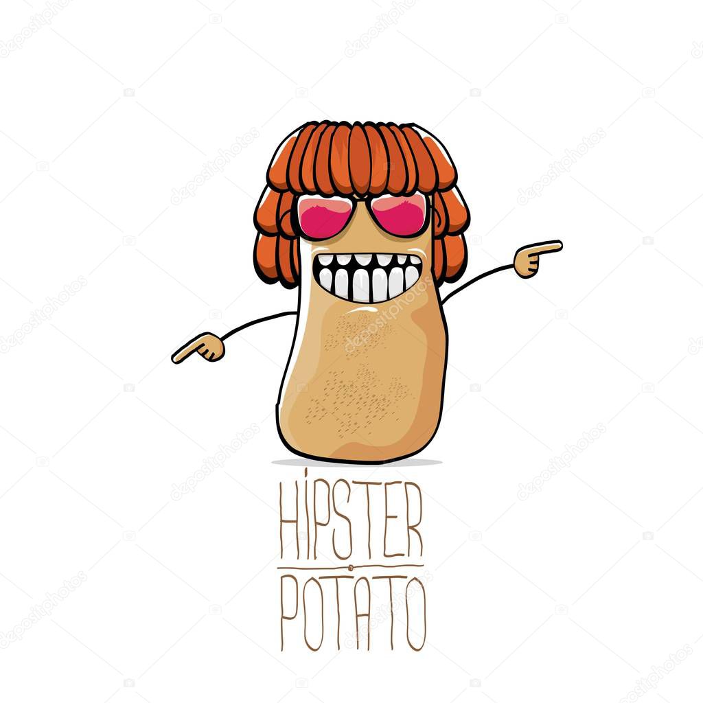 Vector funny cartoon cute brown hipster potato isolated on white background. My name is potato vector concept. vegetable funky character