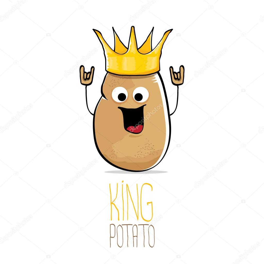 Vector funny cartoon cool cute brown smiling king potato with gold crown isolated on white background. vegetable funky character