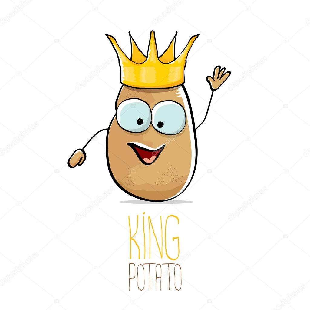 Vector funny cartoon cool cute brown smiling king potato with gold crown isolated on white background. vegetable funky character