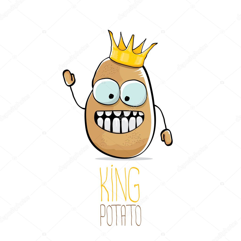 Vector funny cartoon cool cute brown smiling king potato with gold crown isolated on white background. vegetable funky character