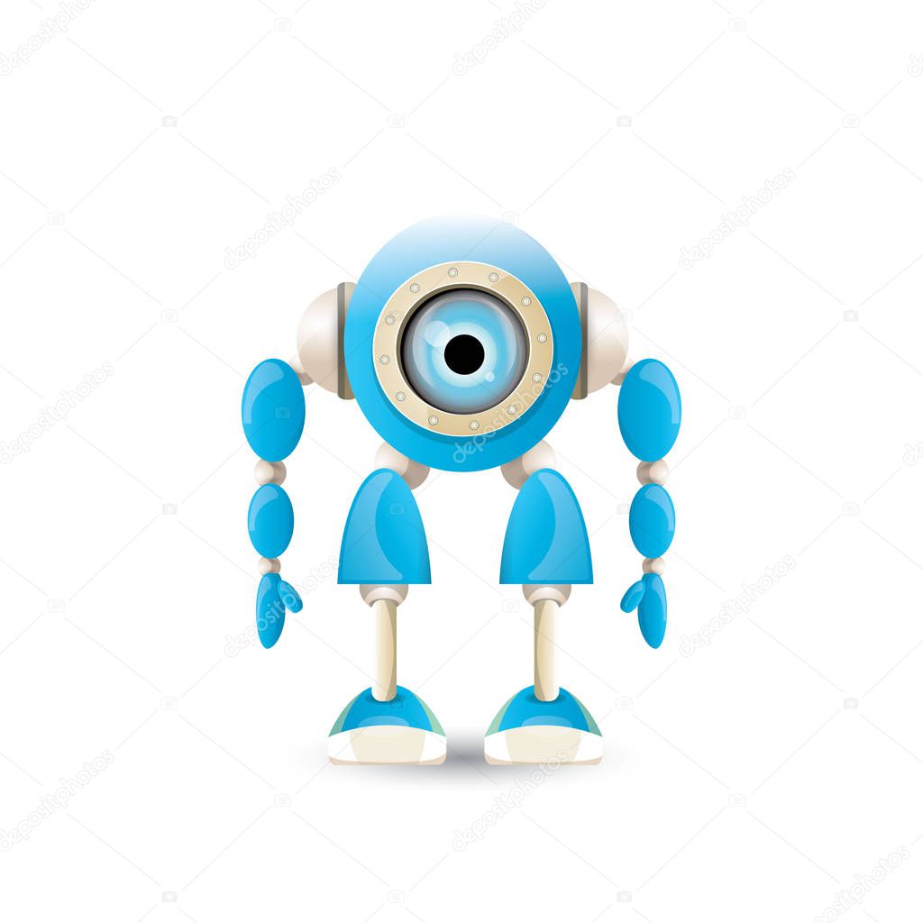 Vector funny cartoon blue robot character Isolated on white background. Kids 3d robot toy logo design template