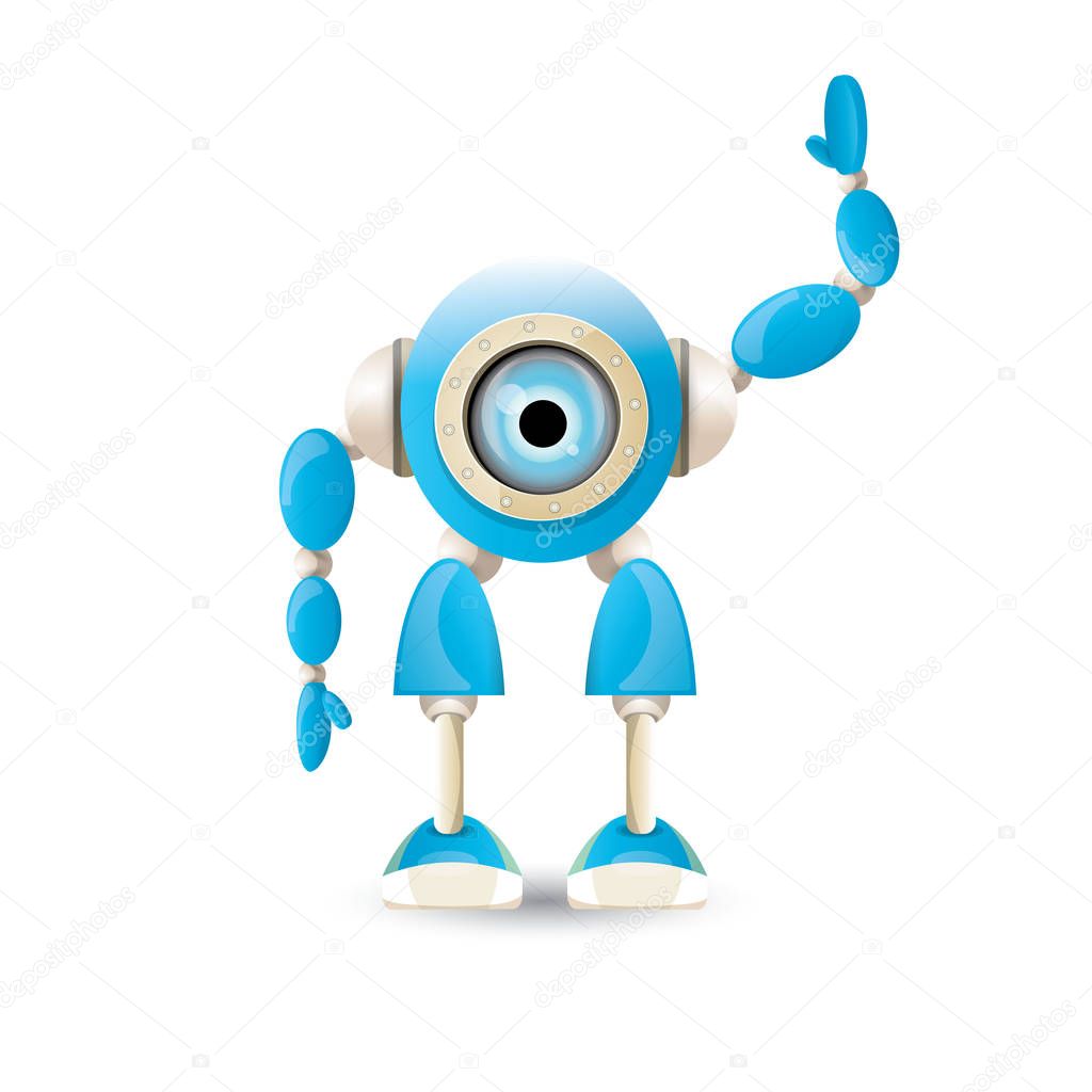 Vector funny cartoon blue robot character Isolated on white background. Kids 3d robot toy logo design template