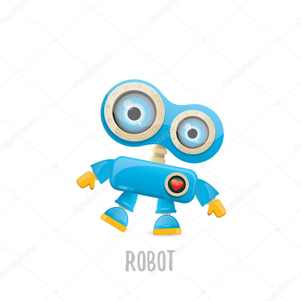 Vector funny cartoon blue robot character Isolated on white background. Kids 3d robot toy logo design template
