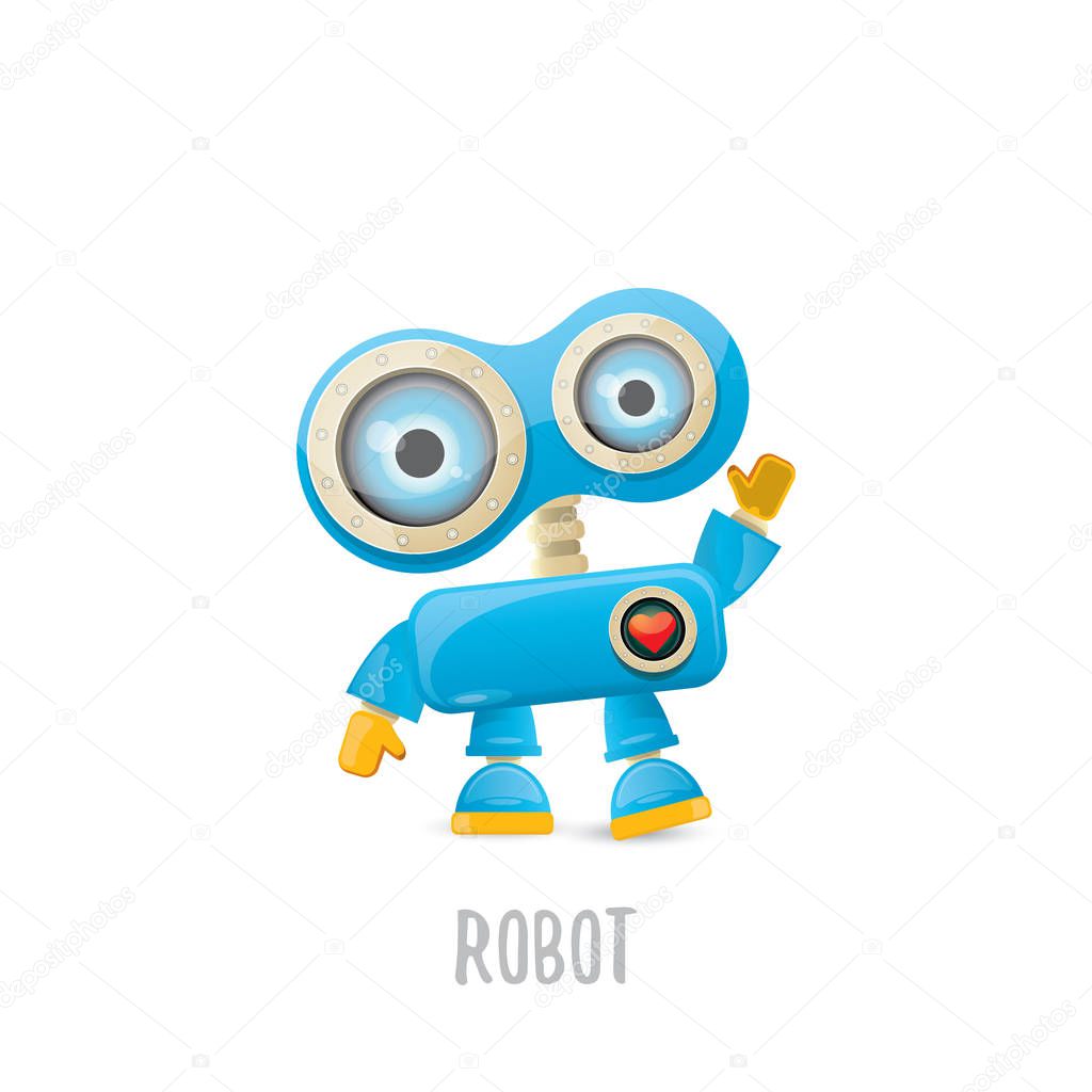 Vector funny cartoon blue robot character Isolated on white background. Kids 3d robot toy logo design template