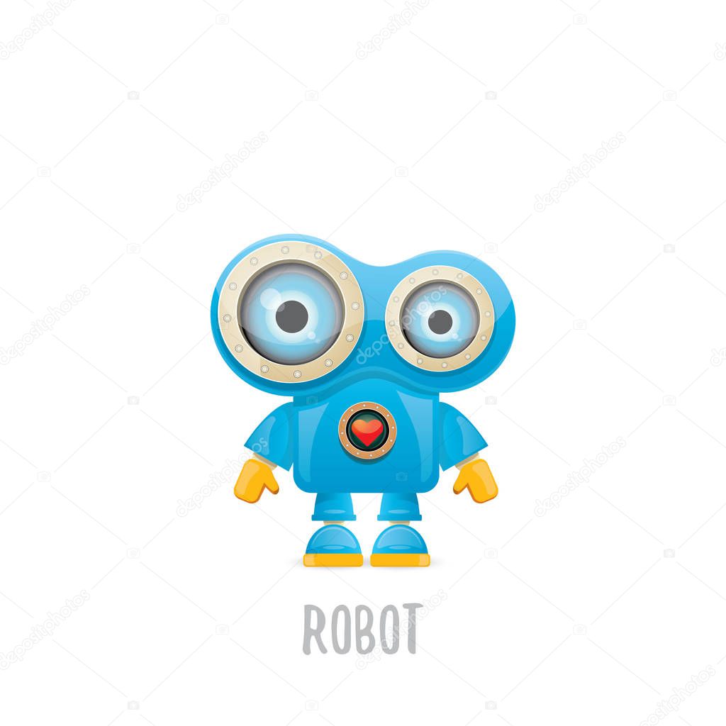 Vector funny cartoon blue robot character Isolated on white background. Kids 3d robot toy logo design template