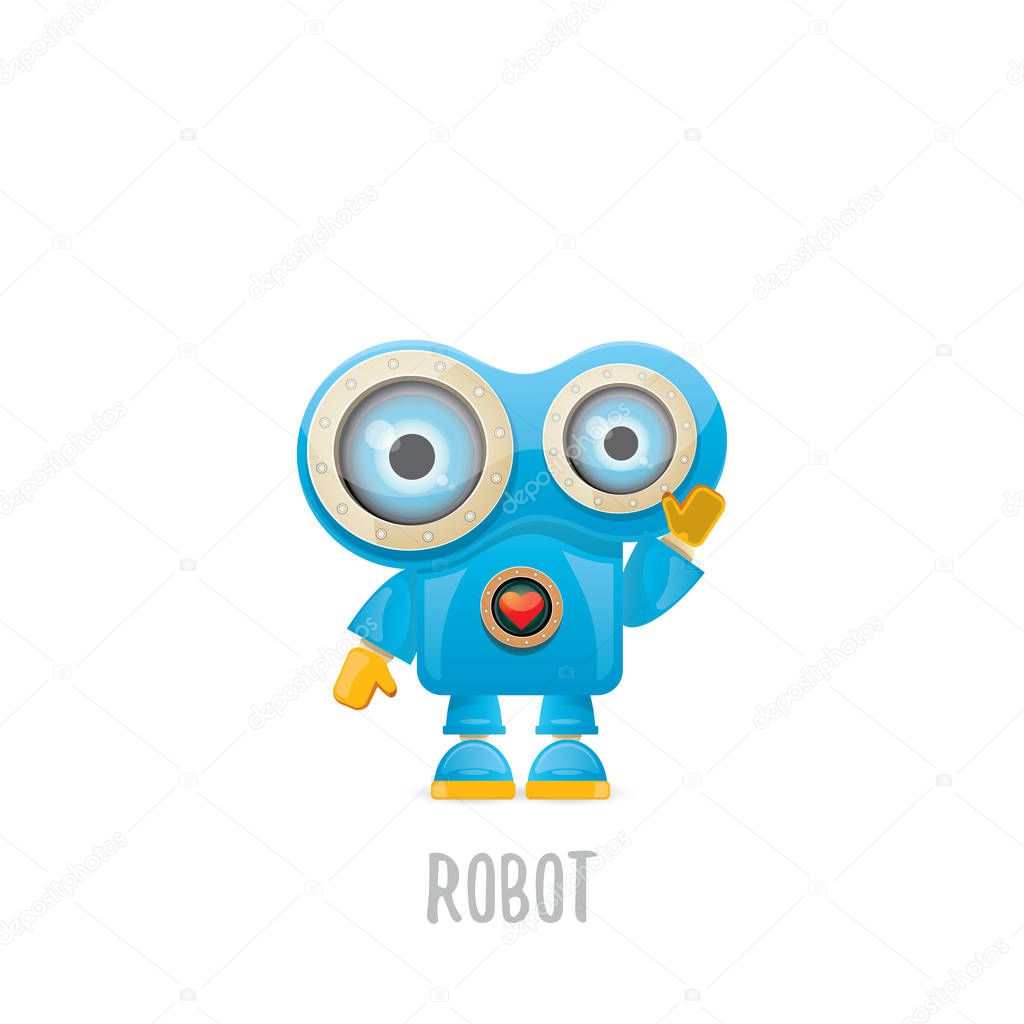 Vector funny cartoon blue robot character Isolated on white background. Kids 3d robot toy logo design template