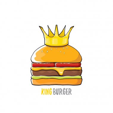vektör karikatür royal Kral burger peynir ve beyaz arka plan üzerinde izole altın taç simgesi.