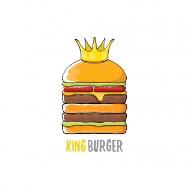 vektör karikatür royal Kral burger peynir ve beyaz arka plan üzerinde izole altın taç simgesi.
