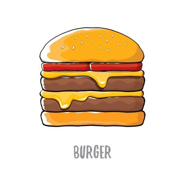 peynir, et ve salata simgesi beyaz arka plan üzerinde izole karikatür burger vektör.