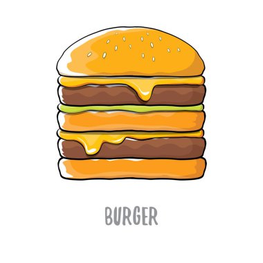 peynir, et ve salata simgesi beyaz arka plan üzerinde izole karikatür burger vektör.