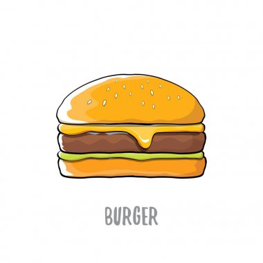 peynir, et ve salata simgesi beyaz arka plan üzerinde izole karikatür burger vektör.