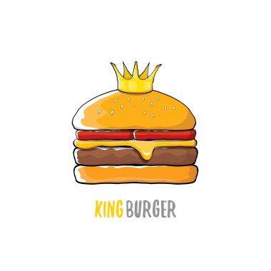 vektör karikatür royal Kral burger peynir ve beyaz arka plan üzerinde izole altın taç simgesi.
