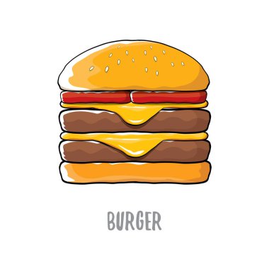 peynir, et ve salata simgesi beyaz arka plan üzerinde izole karikatür burger vektör.