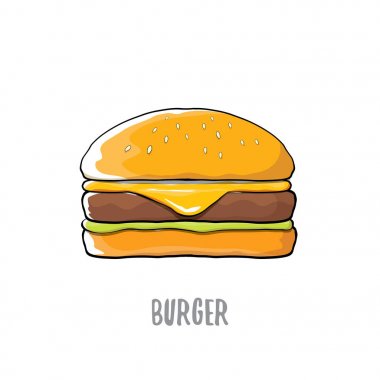 peynir, et ve salata simgesi beyaz arka plan üzerinde izole karikatür burger vektör.