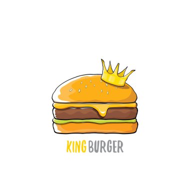 vektör karikatür royal Kral burger peynir ve beyaz arka plan üzerinde izole altın taç simgesi.