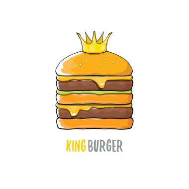 vektör karikatür royal Kral burger peynir ve beyaz arka plan üzerinde izole altın taç simgesi.