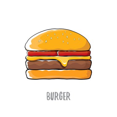 peynir, et ve salata simgesi beyaz arka plan üzerinde izole karikatür burger vektör.