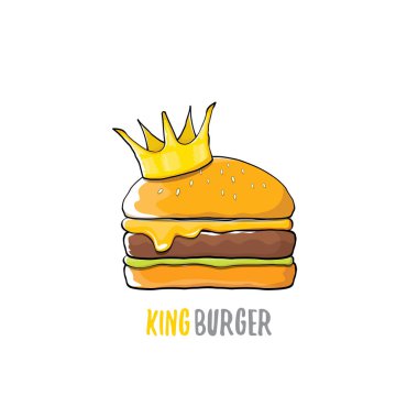 vektör karikatür royal Kral burger peynir ve beyaz arka plan üzerinde izole altın taç simgesi.