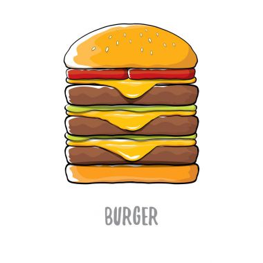 peynir, et ve salata simgesi beyaz arka plan üzerinde izole karikatür burger vektör.