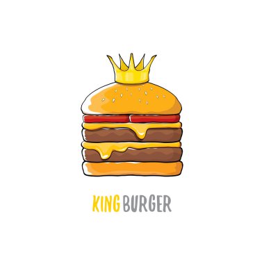 vektör karikatür royal Kral burger peynir ve beyaz arka plan üzerinde izole altın taç simgesi.