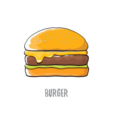 peynir, et ve salata simgesi beyaz arka plan üzerinde izole karikatür burger vektör.