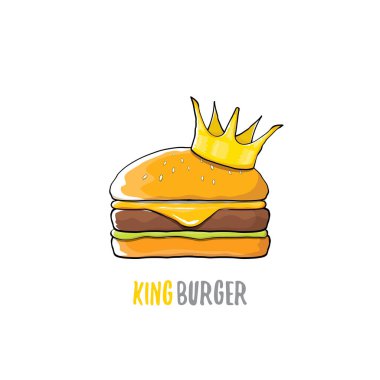 vektör karikatür royal Kral burger peynir ve beyaz arka plan üzerinde izole altın taç simgesi.