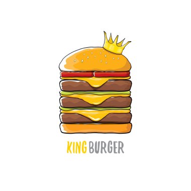 vektör karikatür royal Kral burger peynir ve beyaz arka plan üzerinde izole altın taç simgesi.