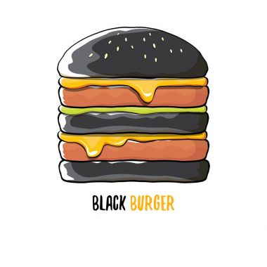 vektör çizgi film siyah burger simgesi beyaz arka plan üzerinde izole peynir, et ve salata simgesiyle