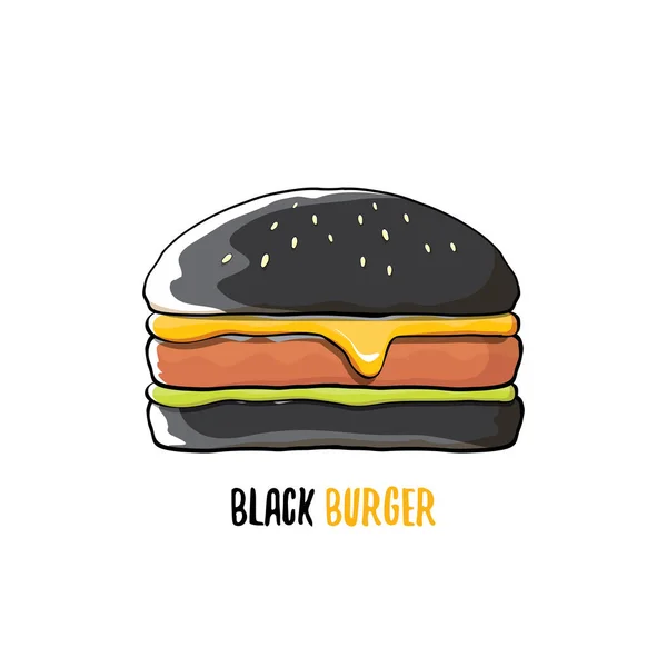 Vektör çizgi film siyah burger simgesi beyaz arka plan üzerinde izole peynir, et ve salata simgesiyle — Stok Vektör
